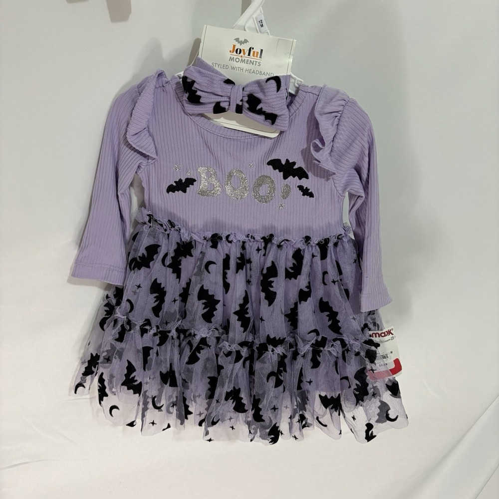 Joyful Moments Halloween Dress and Headband Set Purple Bat Boo 12 Months NEW